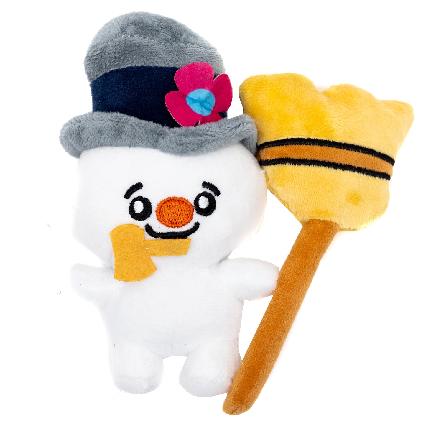 Dog Toy Squeaker Plush - Frosty the Snowman with Broom Full Body Pose