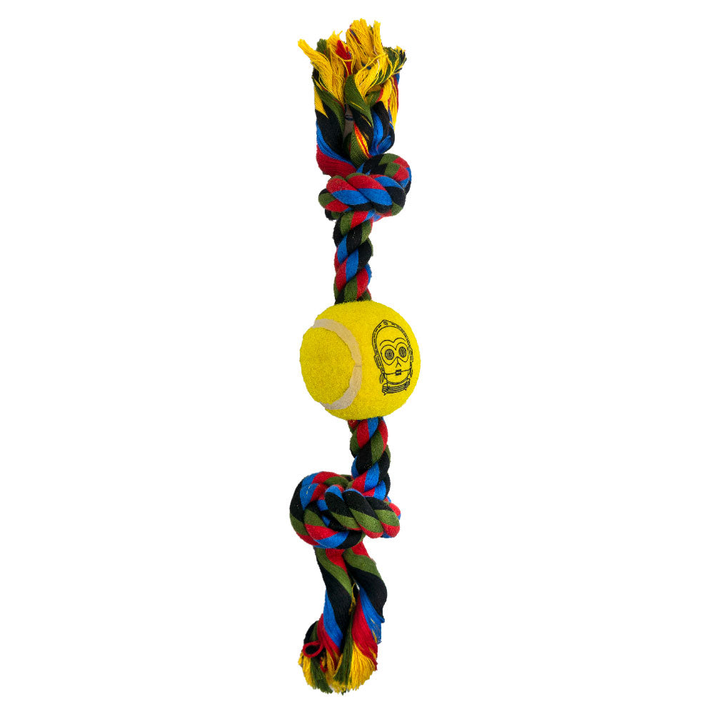 Dog Toy Tennis Ball Rope Toy - Star Wars C3-PO Face Yellow + Multi Color Rope