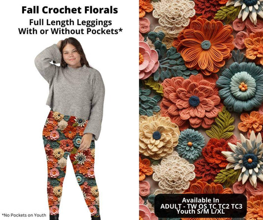 Fall Crochet Florals Full Length Leggings w/ Pockets