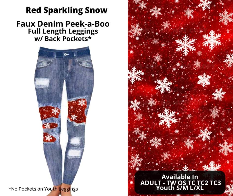 Preorder! Closes 10/16. ETA Dec. Red Sparkling Snow Faux Denim Peekaboo Full Length