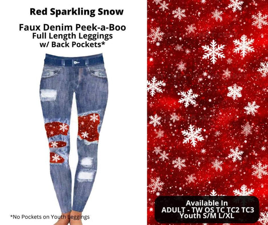 Preorder! Closes 10/16. ETA Dec. Red Sparkling Snow Faux Denim Peekaboo Full Length