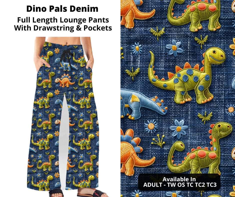 Preorder! Closes 11/6. ETA Jan. Dino Pals Denim Full Length Lounge Pants