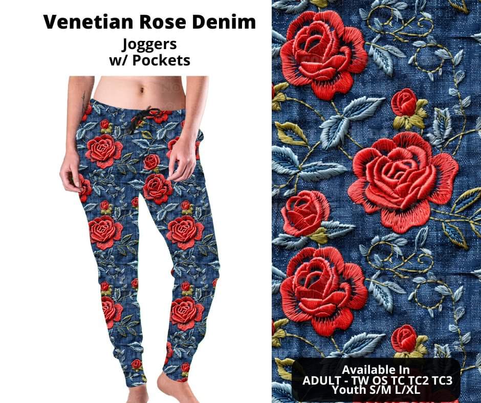 Preorder! Closes 11/6. ETA Jan. Venetian Rose Denim Joggers