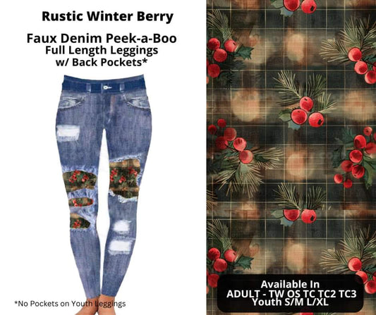 Rustic Winter Berry Faux Denim Full Length Peekaboo Leggings