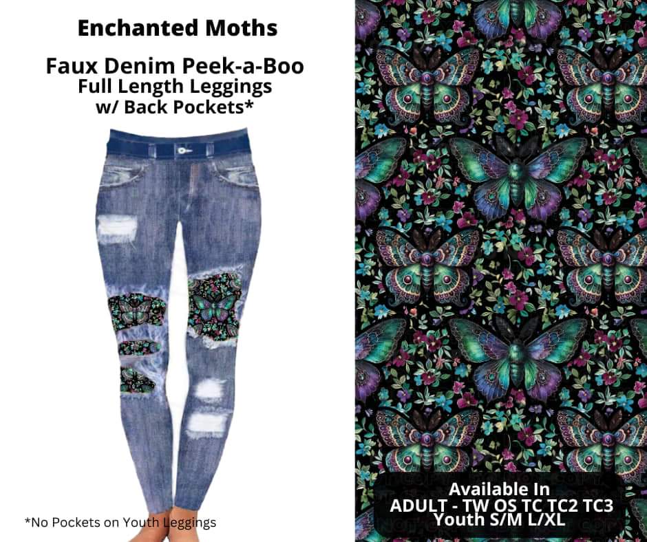 Enchanted Moths Faux Denim Full Length Peekaboo Leggings