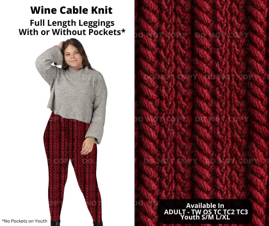 Wine Cable Knit Full Length Leggings w/ Pockets