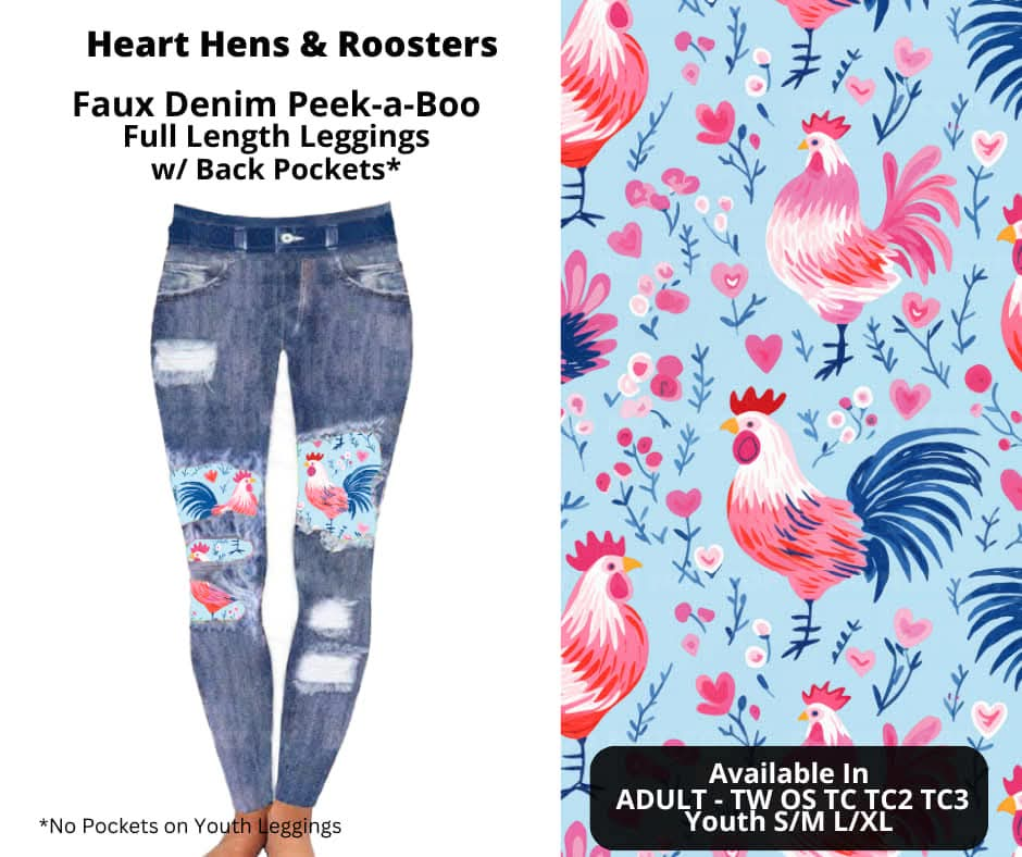 Heart Hens & Roosters Faux Denim Full Length Peekaboo Leggings