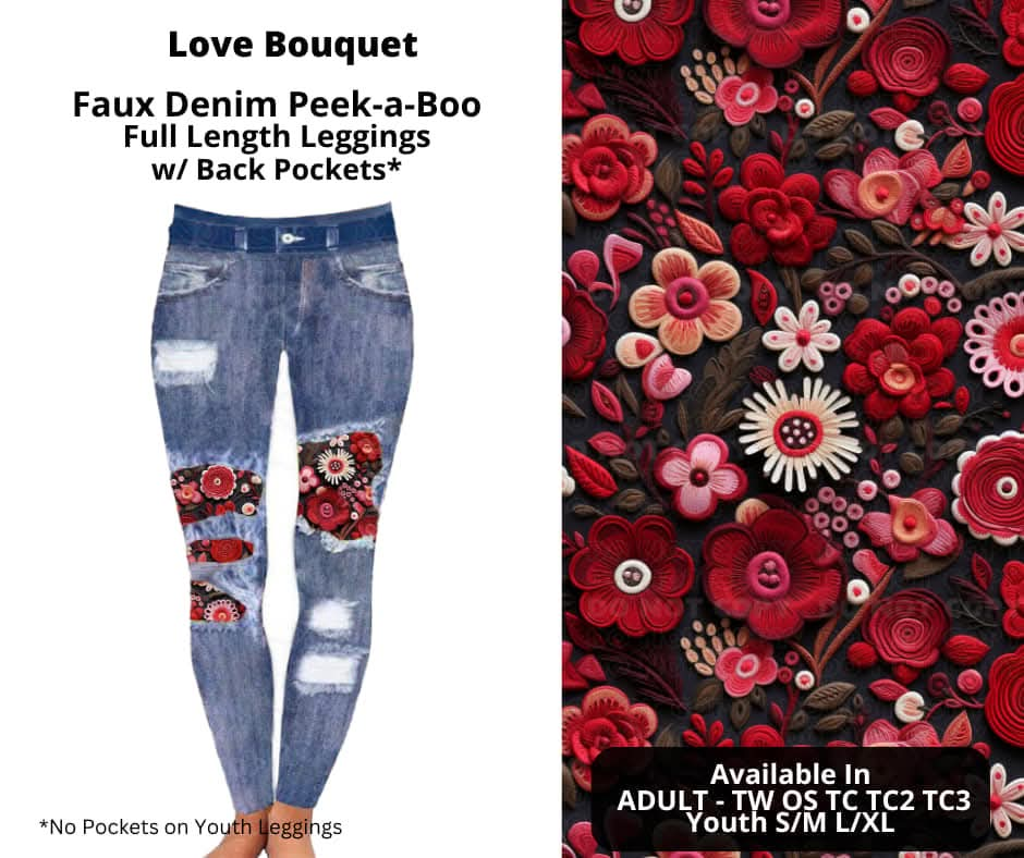 Love Bouquet Faux Denim Full Length Peekaboo Leggings