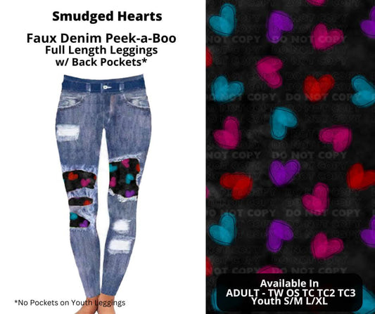 Smudged Hearts Faux Denim Full Length Peekaboo Leggings