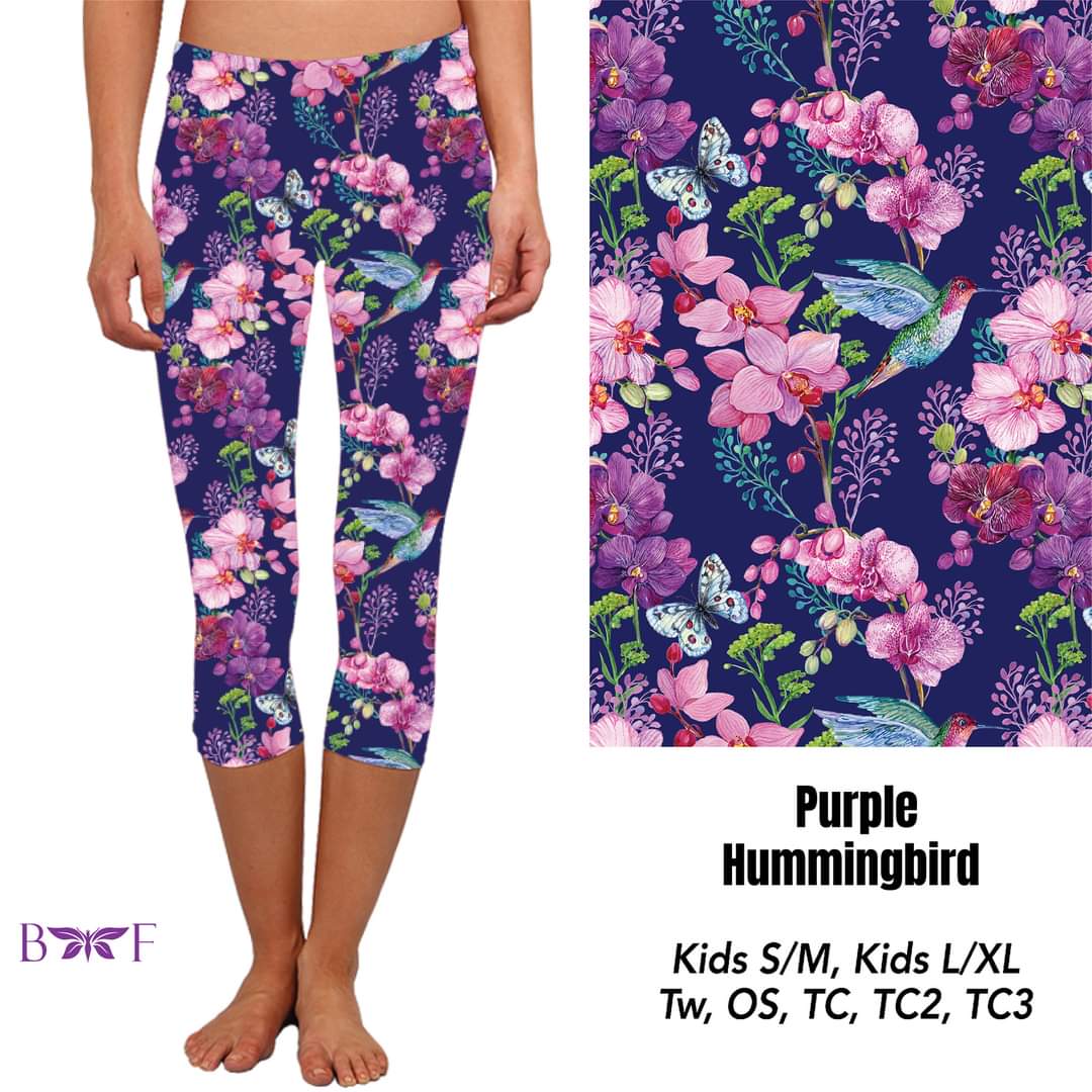 Purple Hummingbird Capris and Shorts with pockets