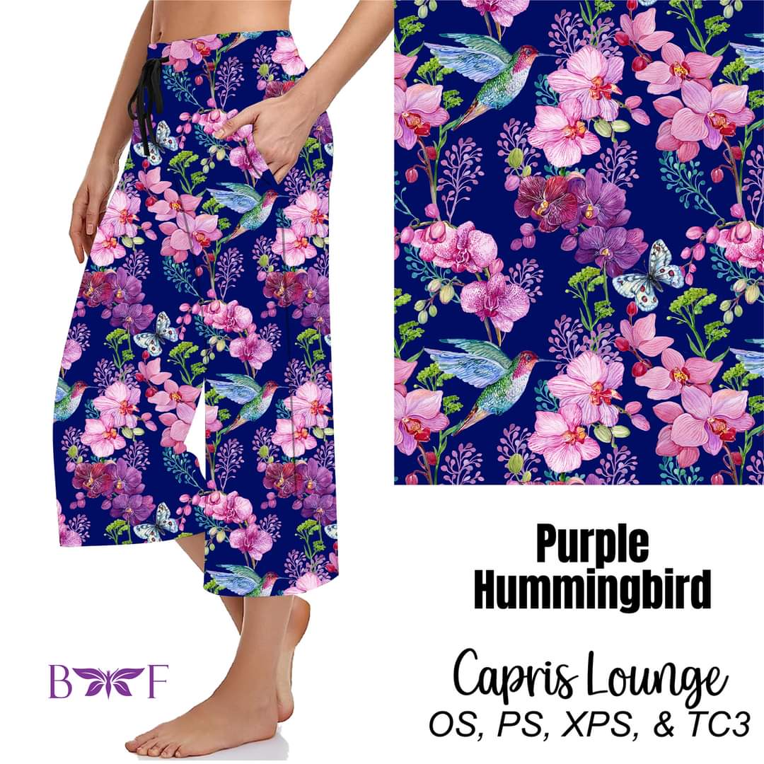 Purple Hummingbird Capris and Shorts with pockets