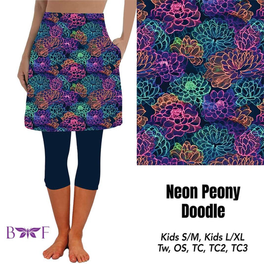 Neon Peony Doodle Skirted Capris