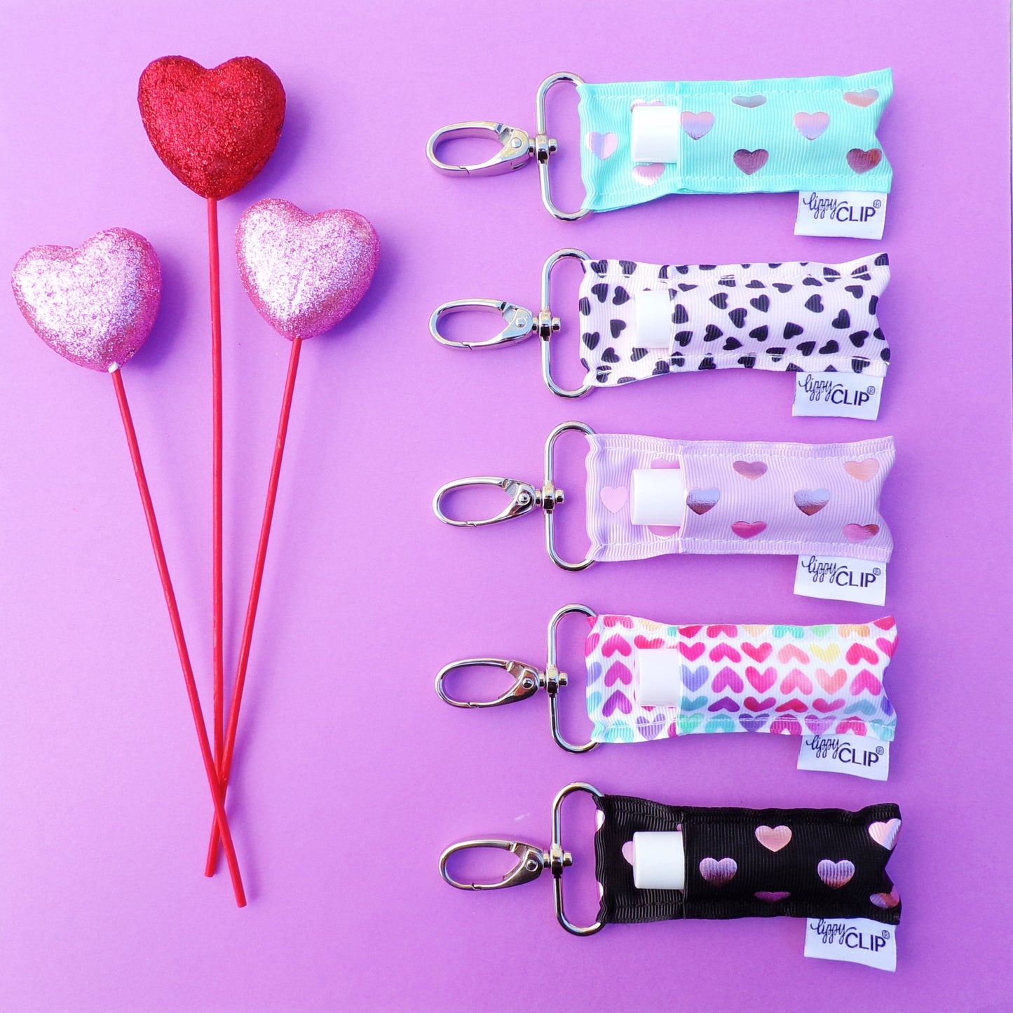 Pink Hearts on Lavender LippyClip® Lip Balm Holder