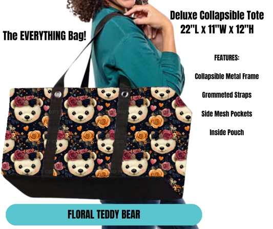 Preorder! Closes 11/18. ETA Feb. Floral Teddy Bear Collapsible Tote