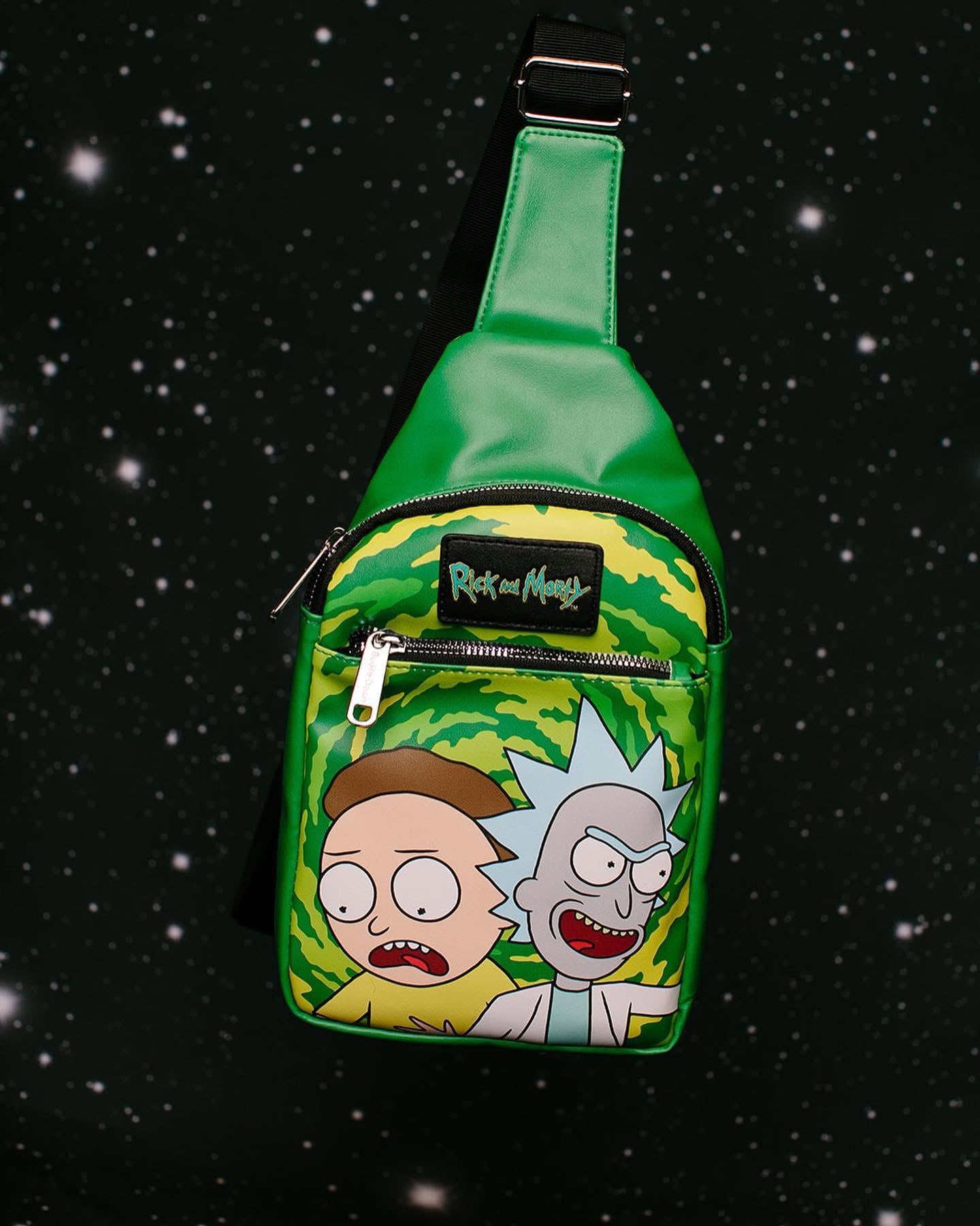 Rick and Morty Bag, Sling, Rick and Morty Get Schwifty Portal Pose Greens, Bounding, Vegan Leather