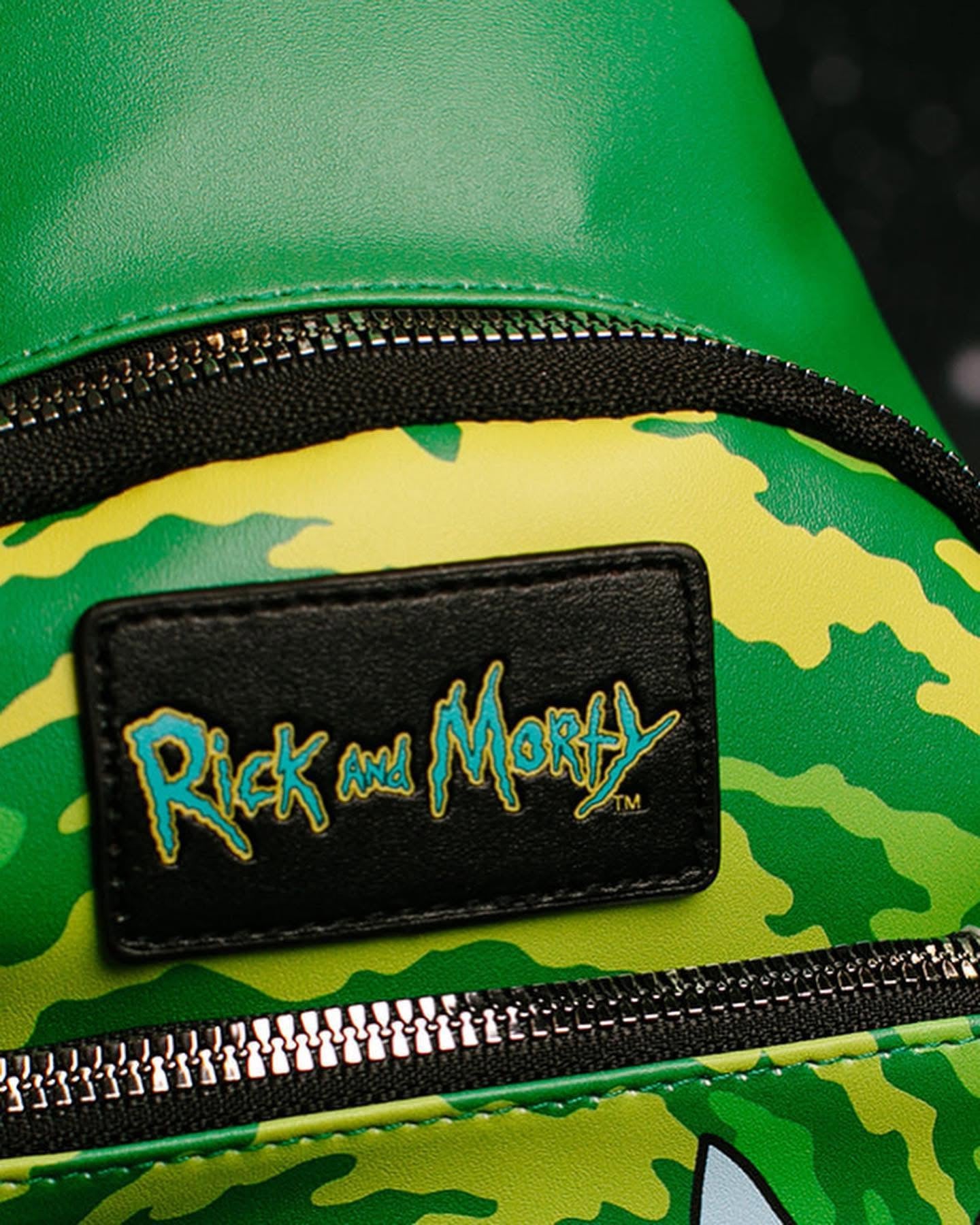 Rick and Morty Bag, Sling, Rick and Morty Get Schwifty Portal Pose Greens, Bounding, Vegan Leather