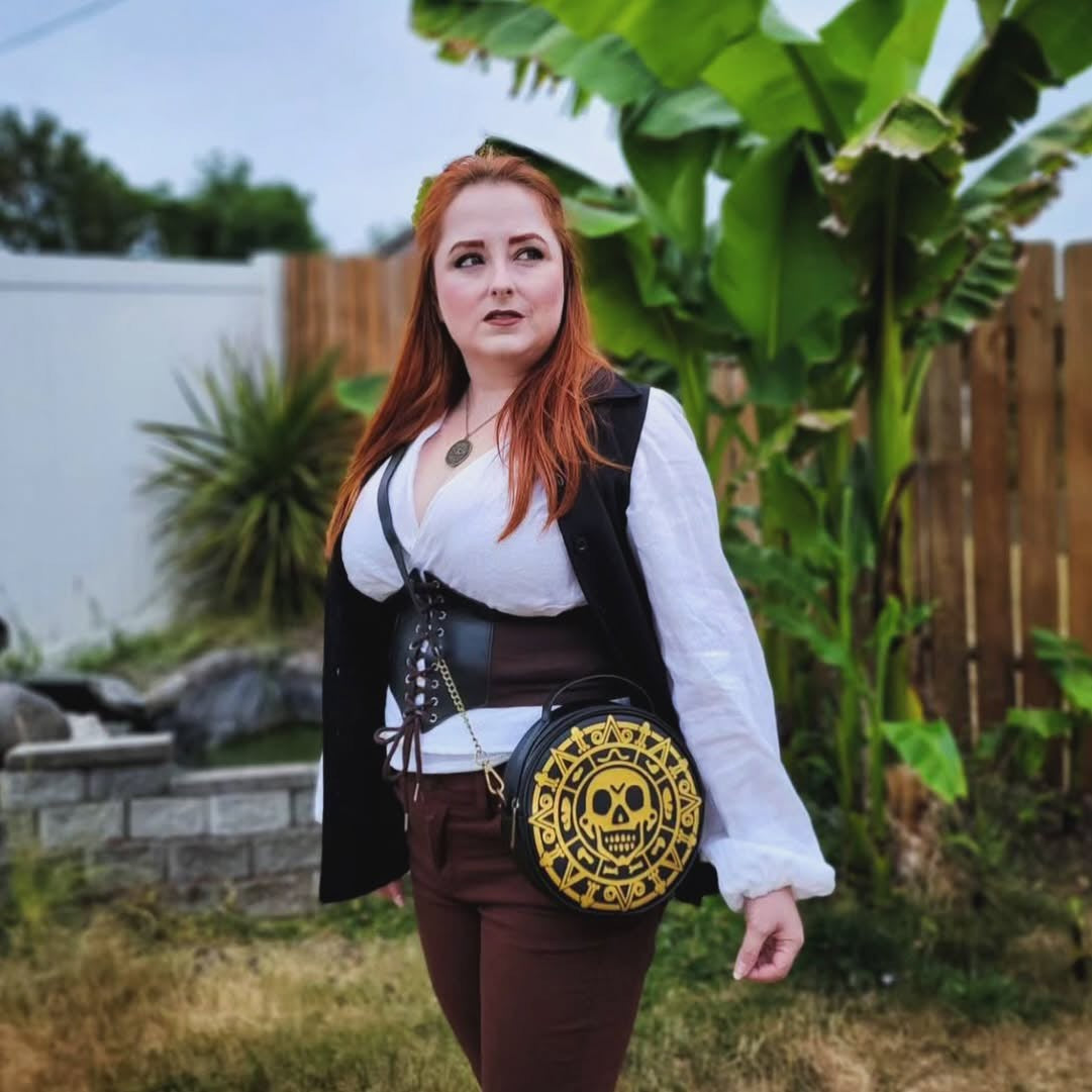 Disney Bag, Crossbody, Round, Pirates of the Caribbean Dead Men Tell No Tales Aztec Coin, Vegan Leather