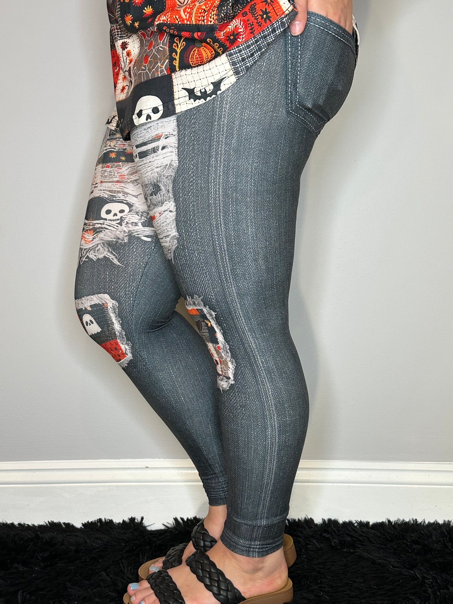 Black Denim Spooky Patch Leggings w/ Back Pockets