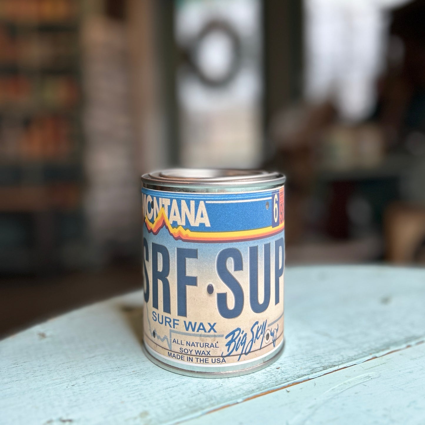 Montana License Plate Surf Wax Paint Can Candle