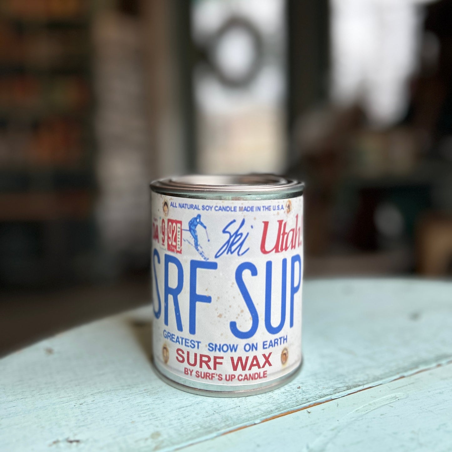 Utah License Plate Surf Wax Paint Can Candle