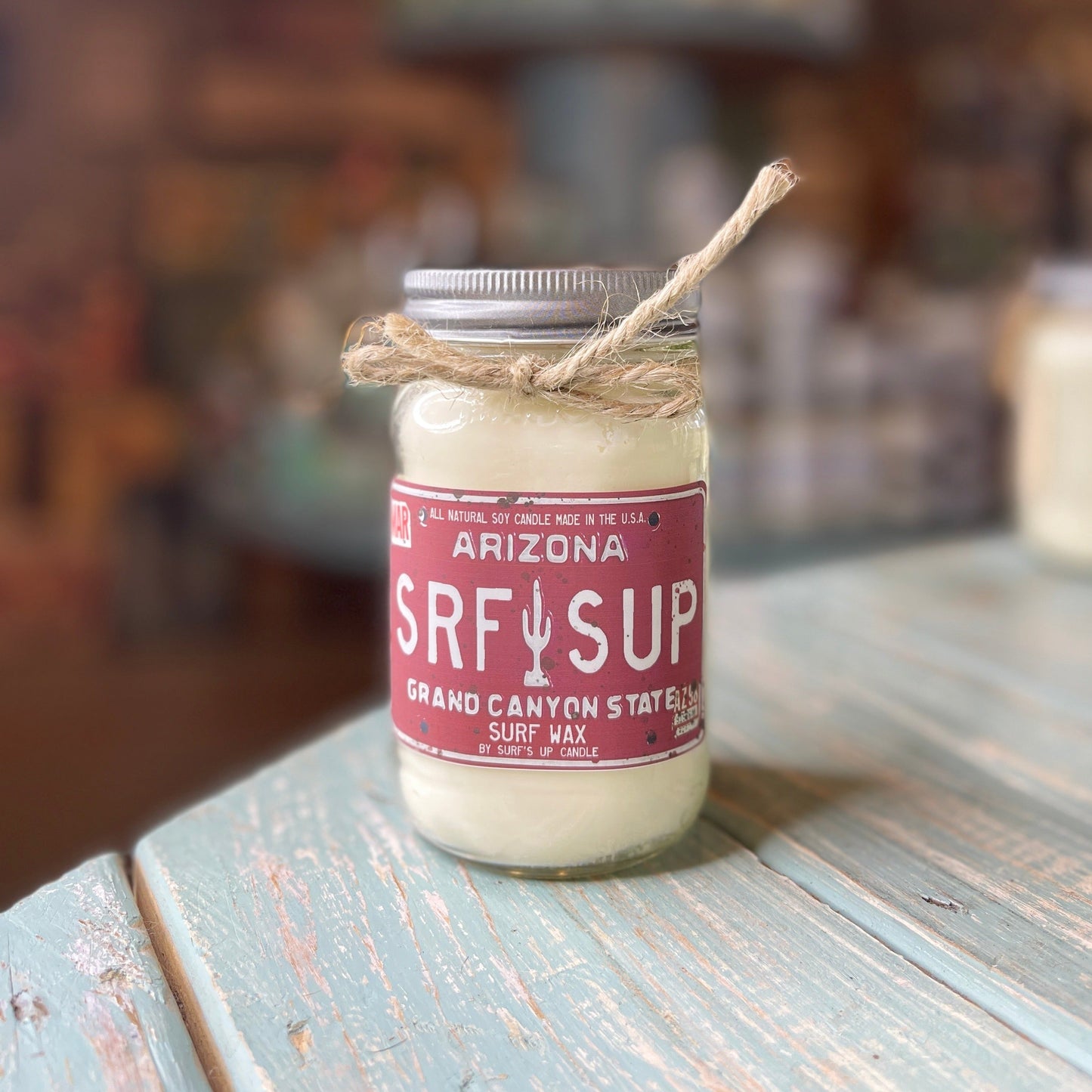 Arizona License Plate Surf Wax Mason Jar Candle