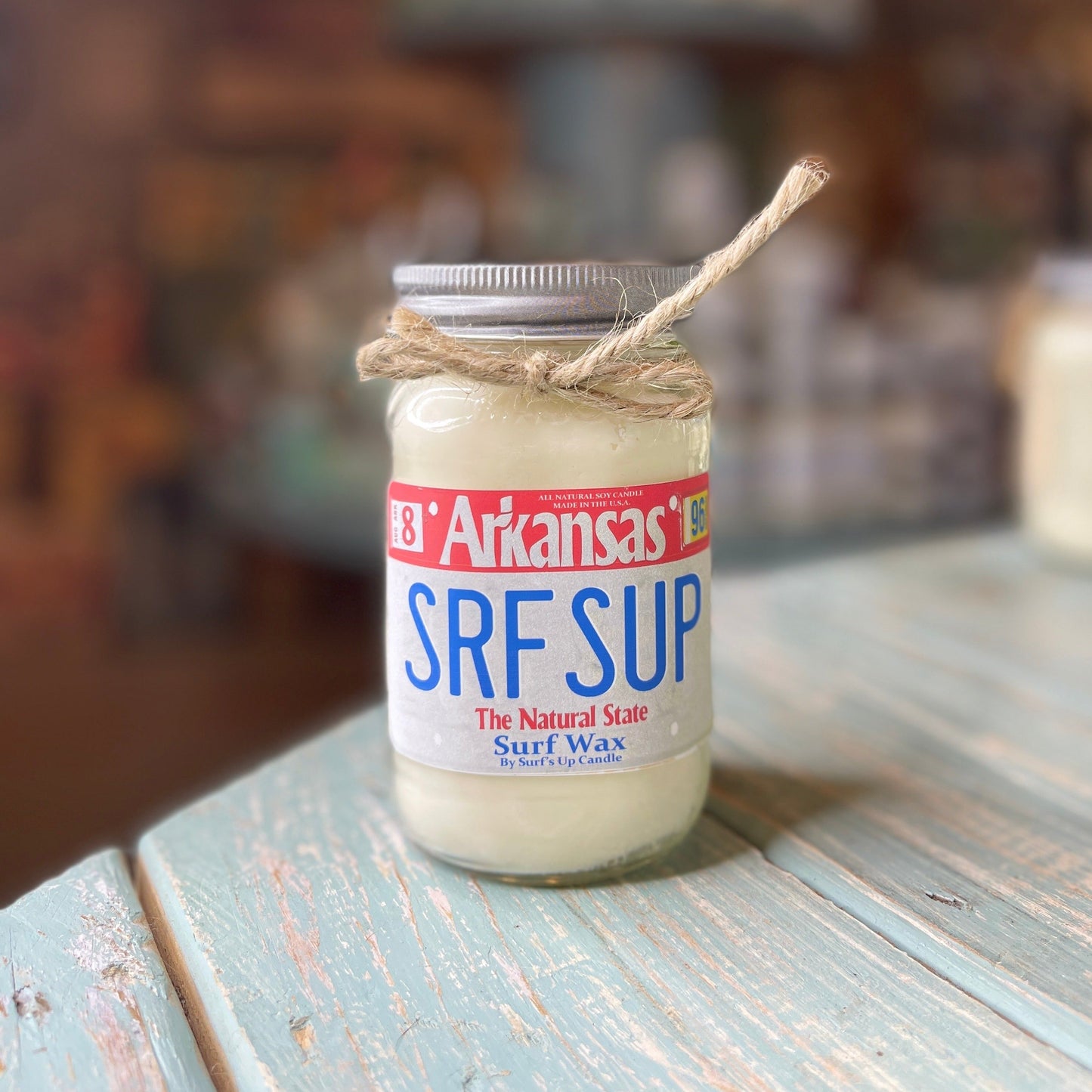 Arkansas License Plate Surf Wax Mason Jar Candle