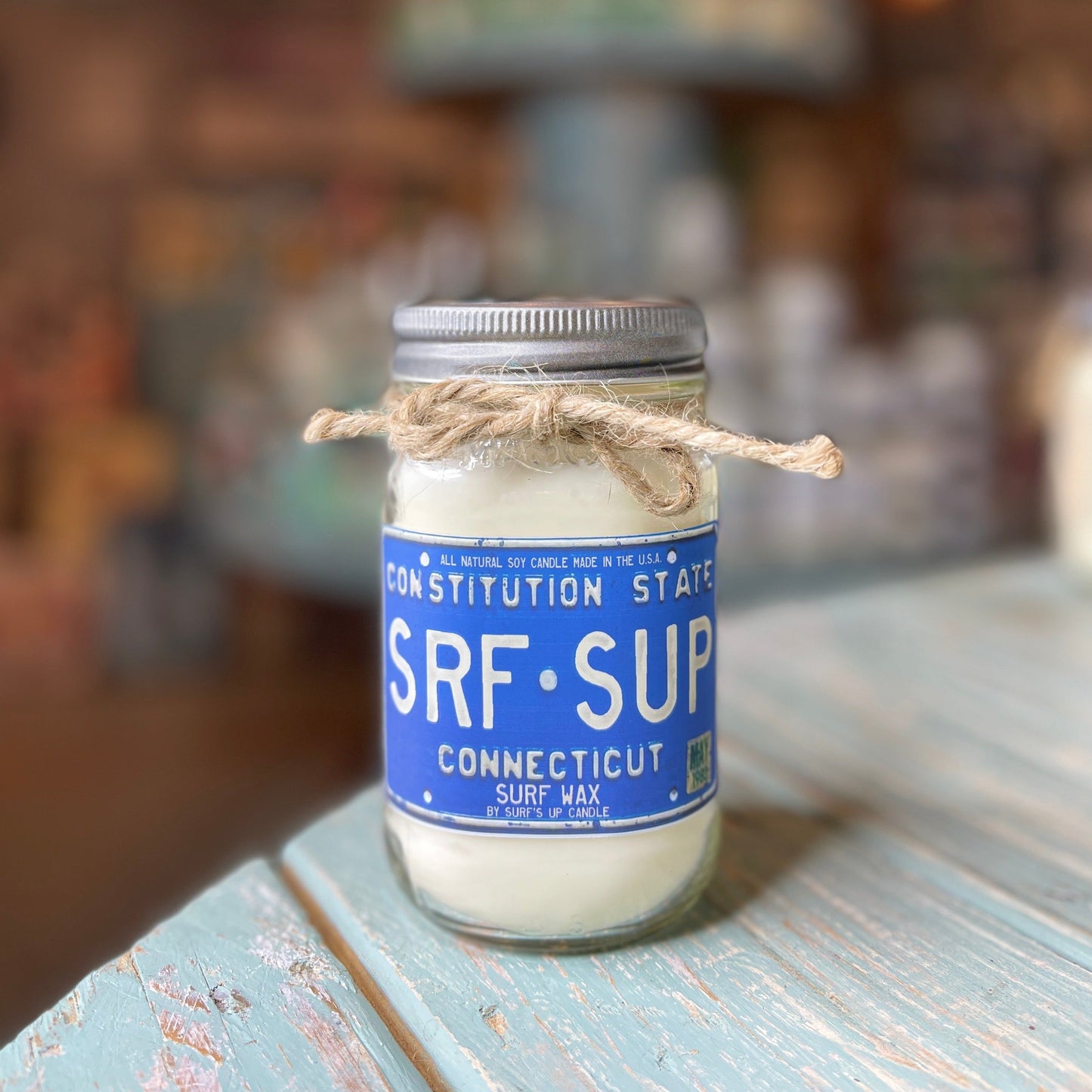 Connecticut License Plate Surf Wax Mason Jar Candle