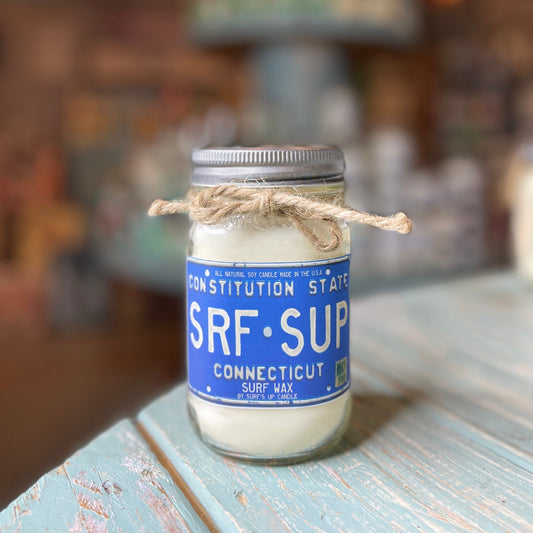 Connecticut License Plate Surf Wax Mason Jar Candle