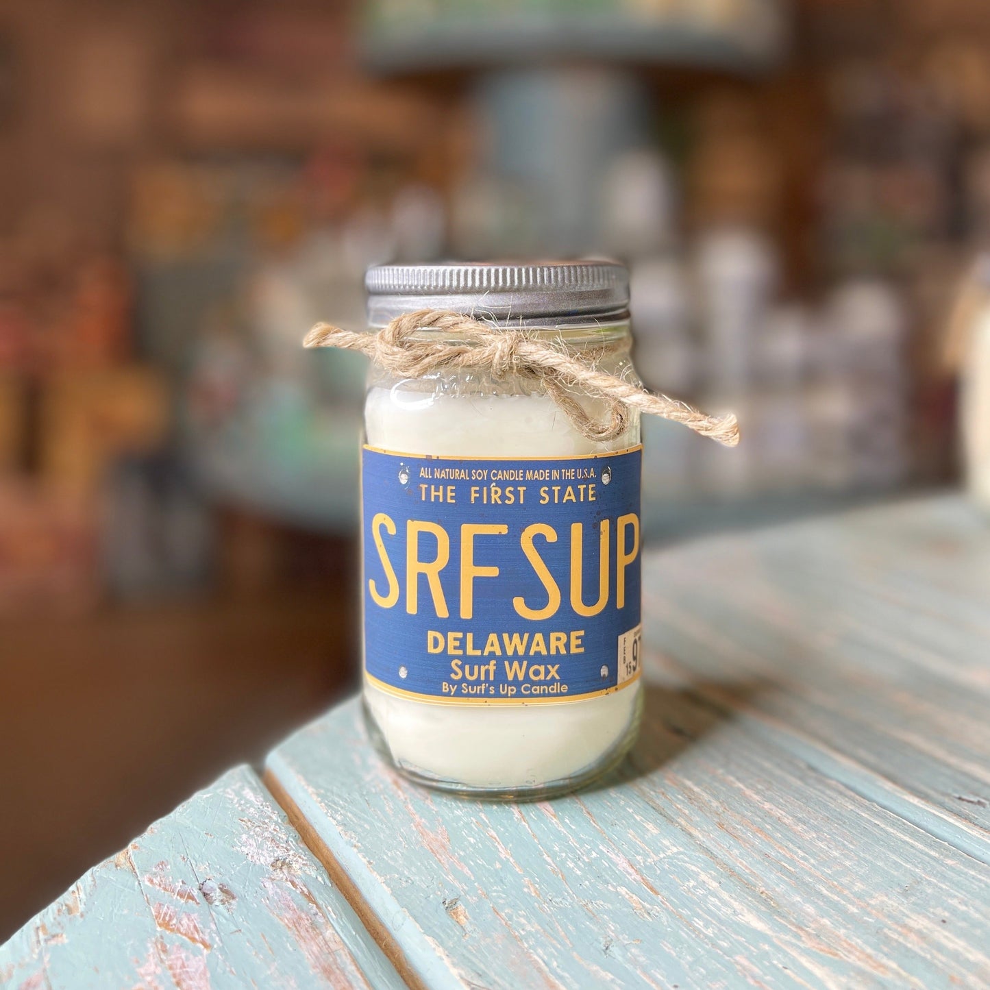 Delaware License Plate Surf Wax Mason Jar Candle