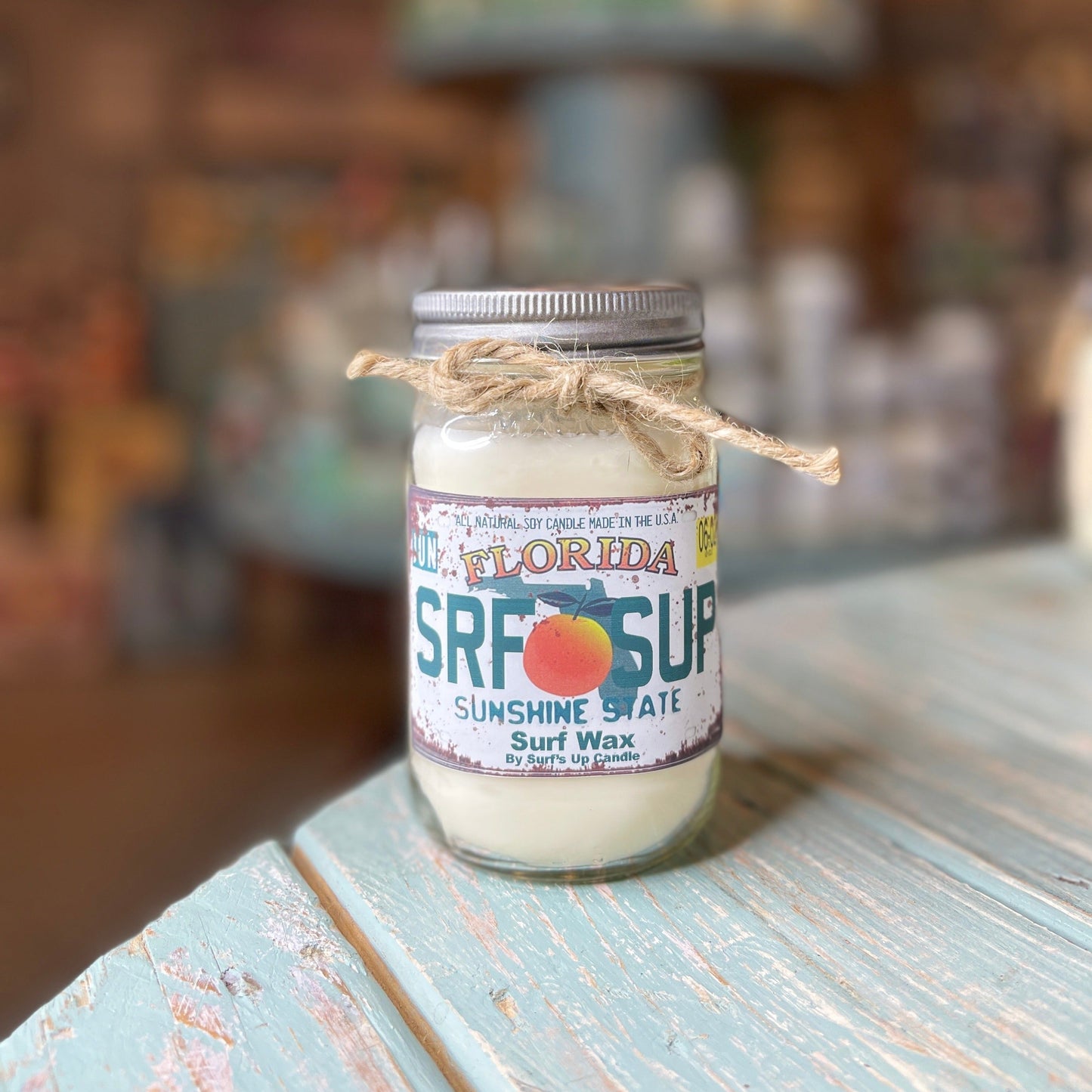 Florida License Plate Surf Wax Mason Jar Candle