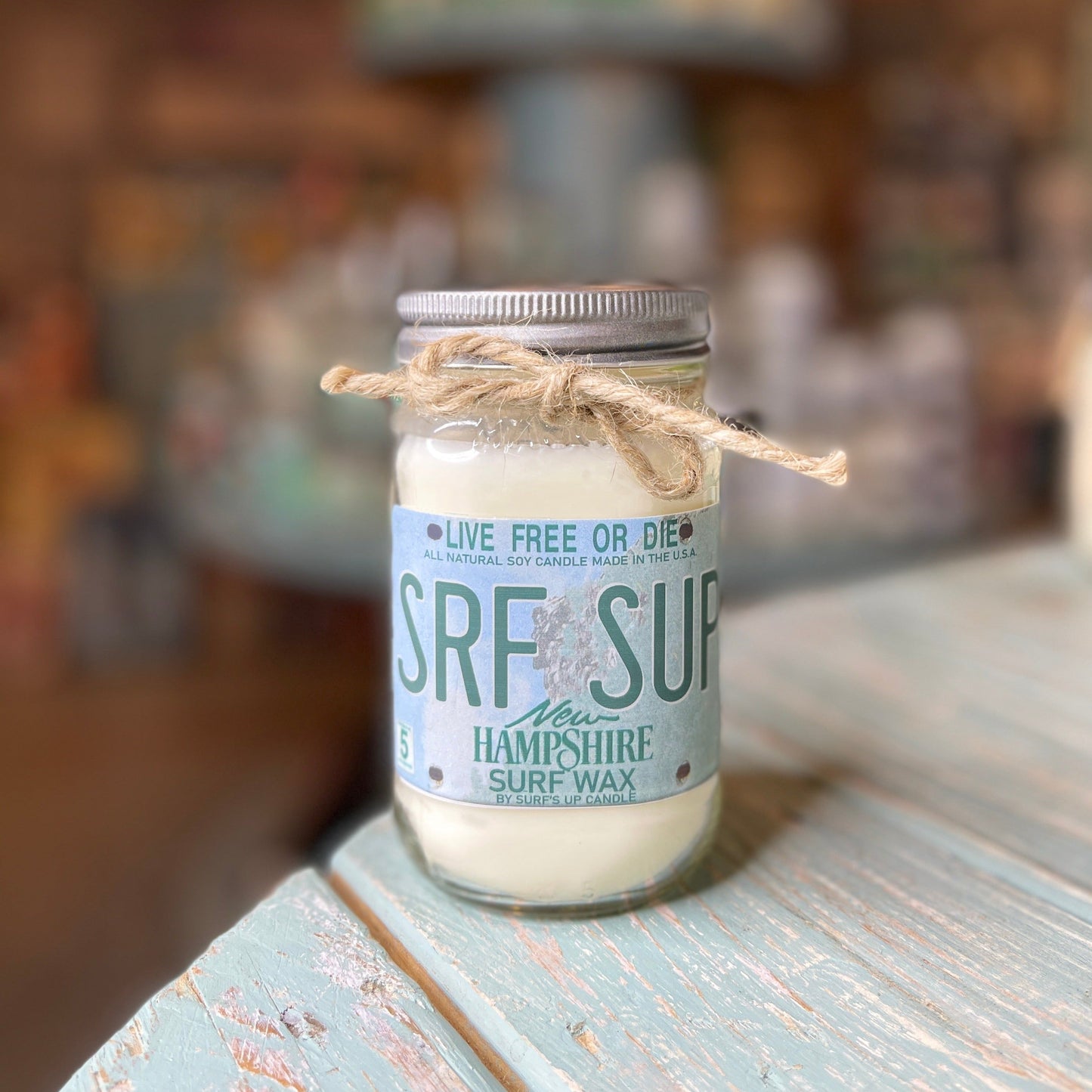 New Hampshire License Plate Surf Wax Mason Jar Candle