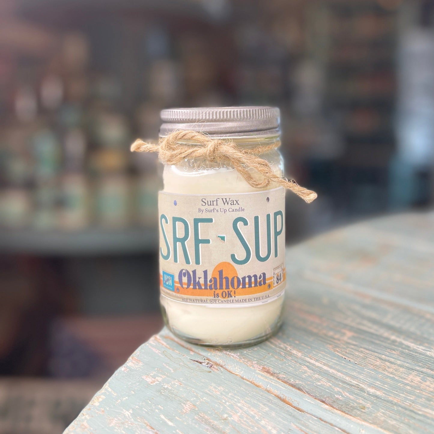 Oklahoma License Plate Surf Wax Mason Jar Candle