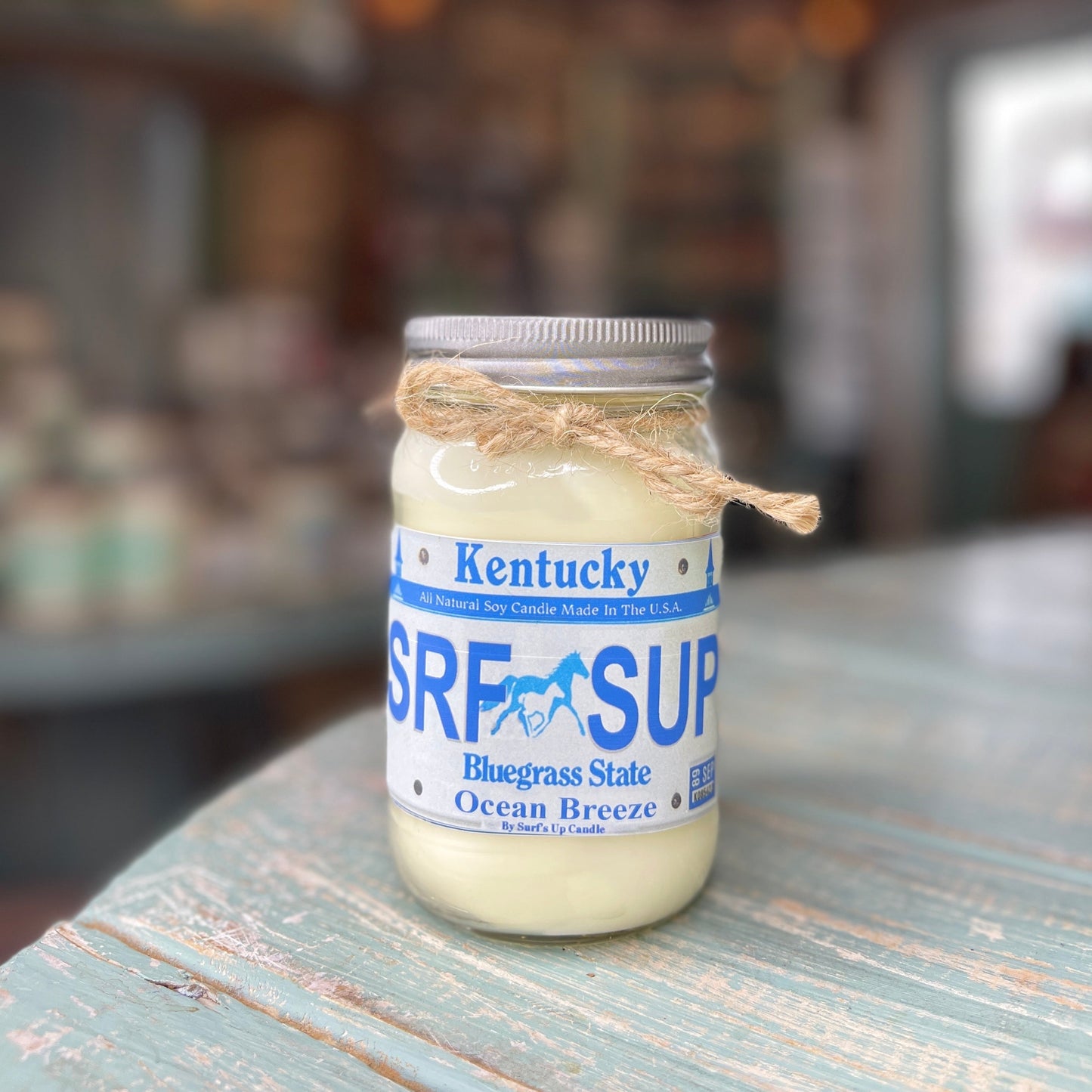 Kentucky License Plate Ocean Breeze Mason Jar Candle