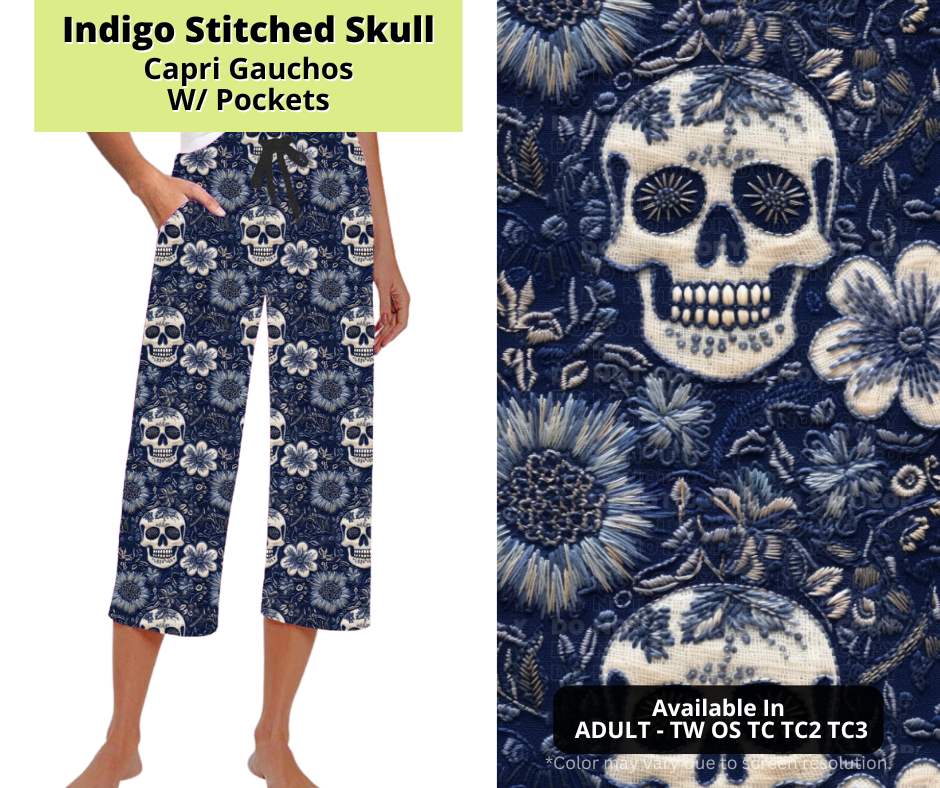 Preorder! Closes 3/24. ETA June. Indigo Stitched Skull Capri Gauchos