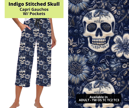 Preorder! Closes 3/24. ETA June. Indigo Stitched Skull Capri Gauchos