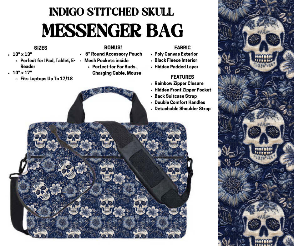 Preorder! Closes 4/3. ETA July. Indigo Stitched Skull Messenger Bags