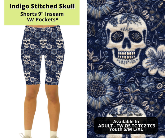 Preorder! Closes 3/24. ETA June. Indigo Stitched Skull 9" Inseam Shorts w/wo Pockets