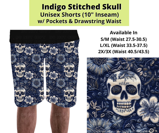 Preorder! Closes 3/24. ETA June. Indigo Stitched Skull Unisex Shorts