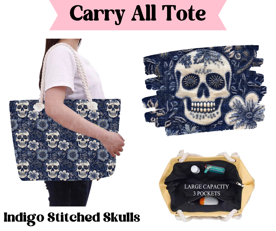 Preorder! Closes 3/31. ETA June. Indigo Stitched Skulls Carry All Tote