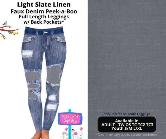 Preorder! Closes 1/13. ETA April. Light Slate Linen Full Length Faux Denim Peekaboo