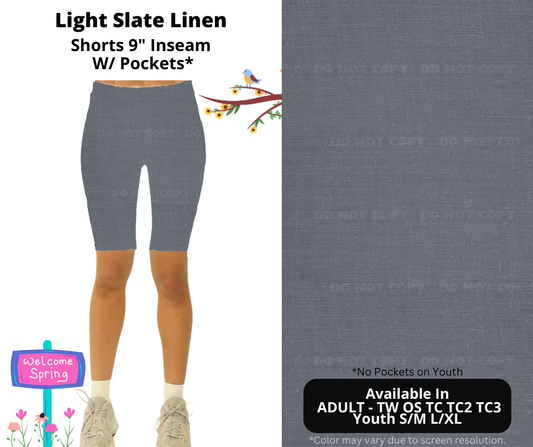 Preorder! Closes 1/8. ETA April. Light Slate Linen 9" Inseam Shorts w/wo Pockets