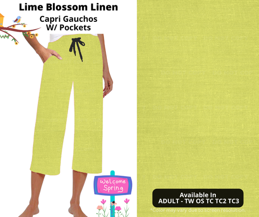 Preorder! Closes 1/8. ETA April. Lime Blossom Linen Capri Gauchos