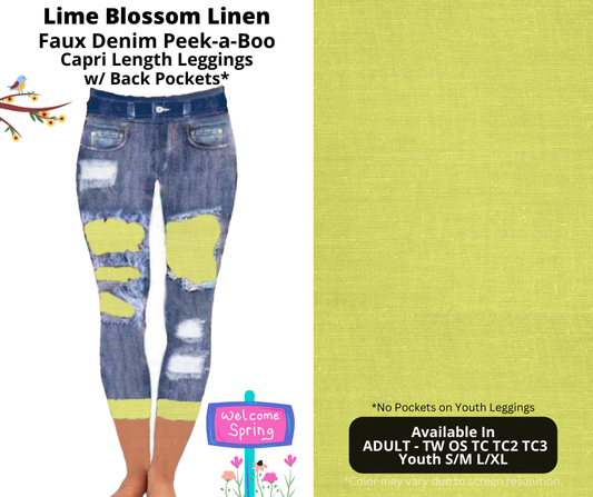 Preorder! Closes 1/13. ETA April. Lime Blossom Linen Capri Faux Denim Peekaboo