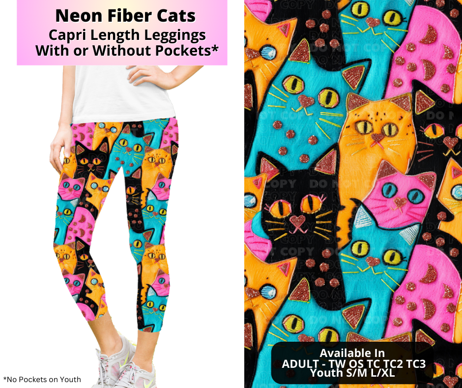 Preorder! Closes 4/2. ETA July. Neon Fiber Cats Capri Length Leggings w/wo Pockets