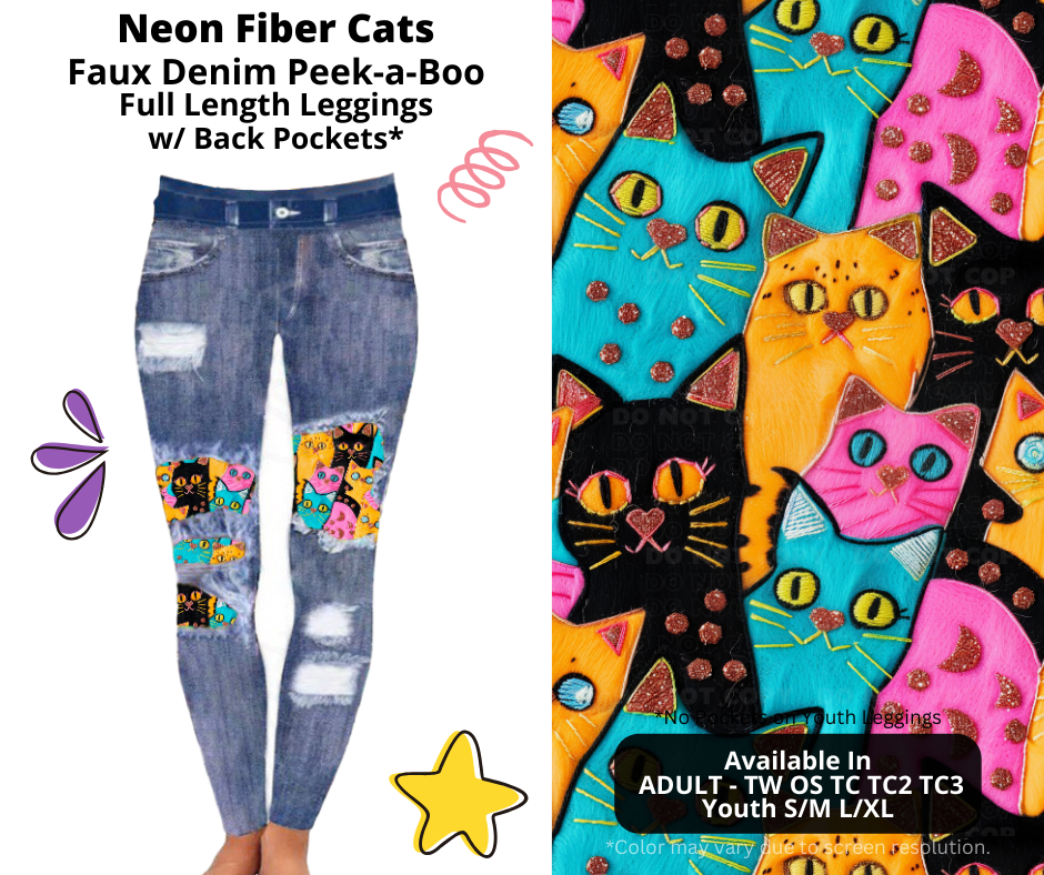 Preorder! Closes 3/5. ETA June. Neon Fiber Cats Full Length Faux Denim Peekaboo