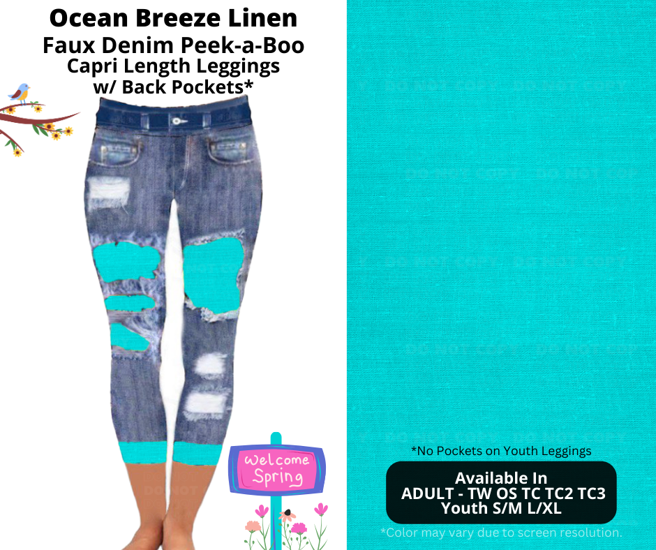 Preorder! Closes 1/13. ETA April. Ocean Breeze Linen Capri Faux Denim Peekaboo