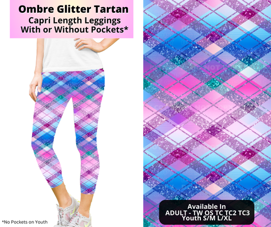 Preorder! Closes 4/2. ETA July. Ombre Glitter Tartan Capri Length Leggings w/wo Pockets