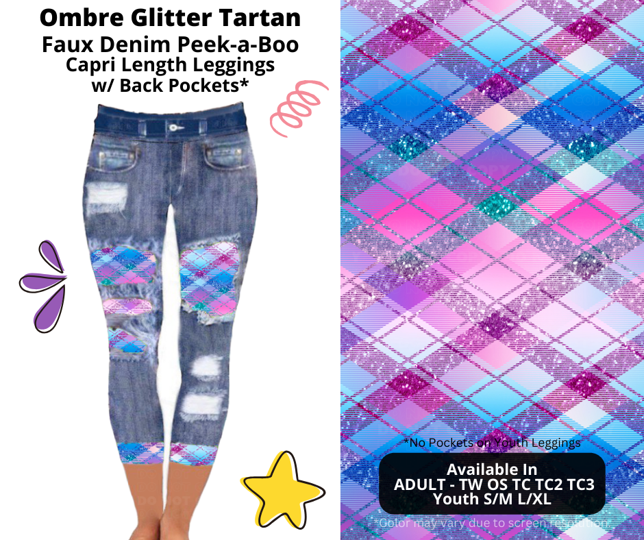 Preorder! Closes 3/5. ETA June. Ombre Glitter Tartan Capri Faux Denim Peekaboo