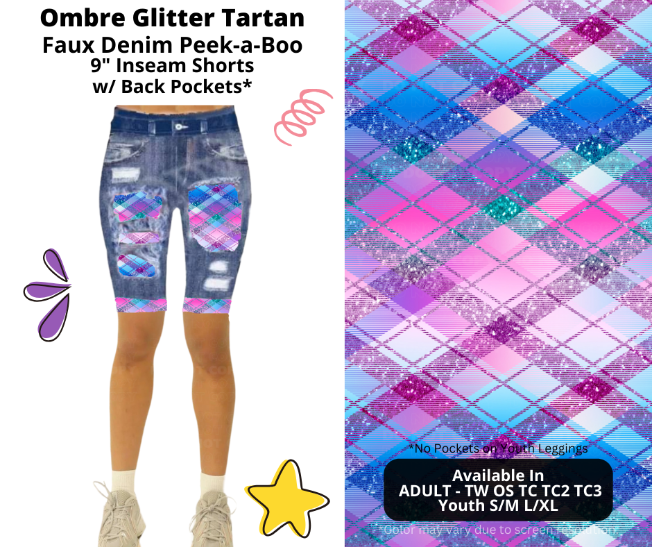 Preorder! Closes 3/5. ETA June. Ombre Glitter Tartan Faux Denim Peekaboo Jamaica Shorts