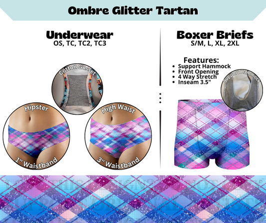 Preorder! Closes 3/13. ETA June. Ombre Glitter Tartan Hipster & High Waist Underwear & Boxer Briefs